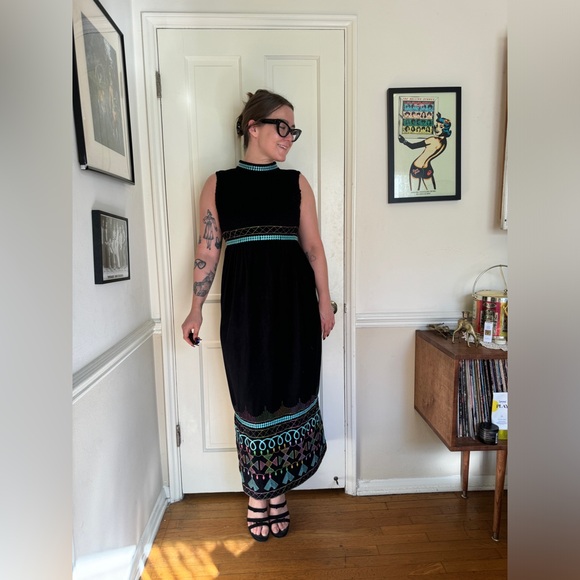 Vintage Dresses & Skirts - 70s Vintage Sandine Originals Black Velour Maxi Dress with Shirred Bust